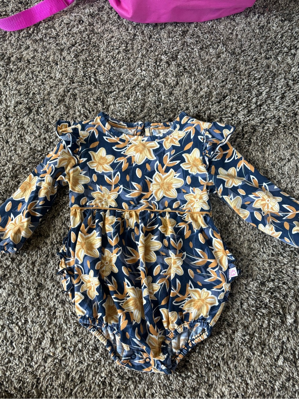 Ruffle Butts Navy and Yellow Floral Ruffle-Sleeve Romper 12-18 months